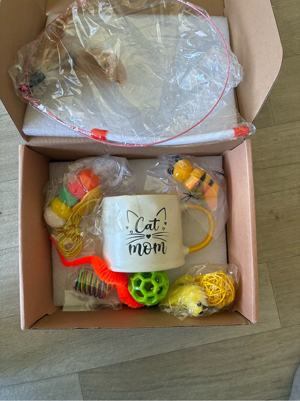 Cat Mom Ceramic Mug with Assorted Yellow Cat Toys Gift Set
